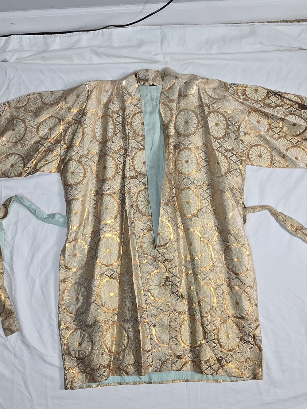 Source Unknown Gold Brocade Kimono Robe with Light Blue Lining